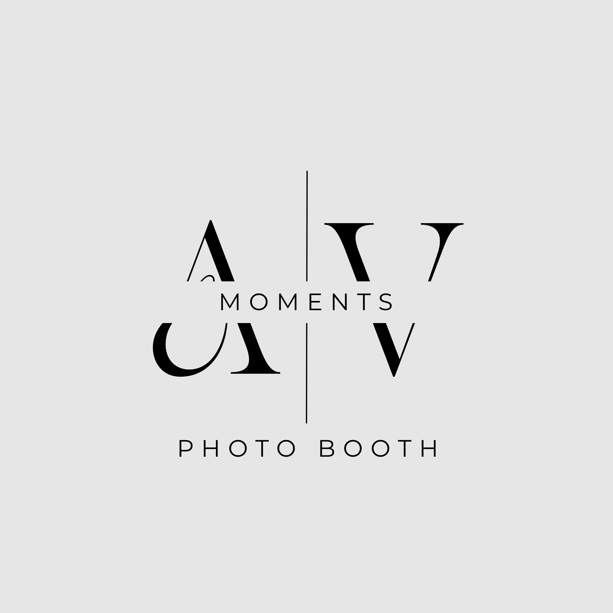 Logo for AV Moments Photo Booth featuring a stylized black and white design with large letters AV, the words Moments and Photo Booth beneath.