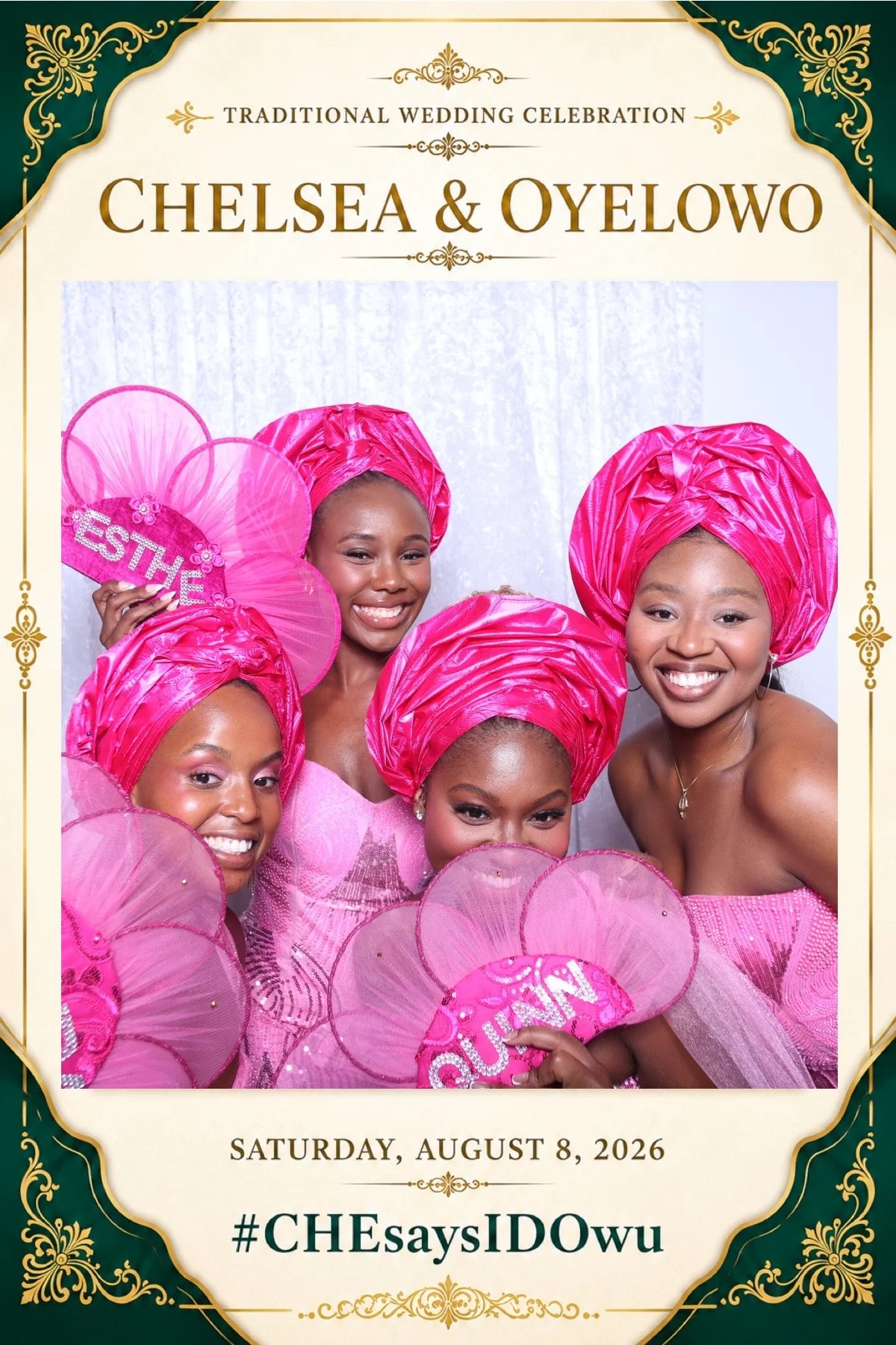 A group of five women wearing bright pink traditional Nigerian attire with matching headwraps, smiling and posing for a wedding celebration photo at a wedding event.