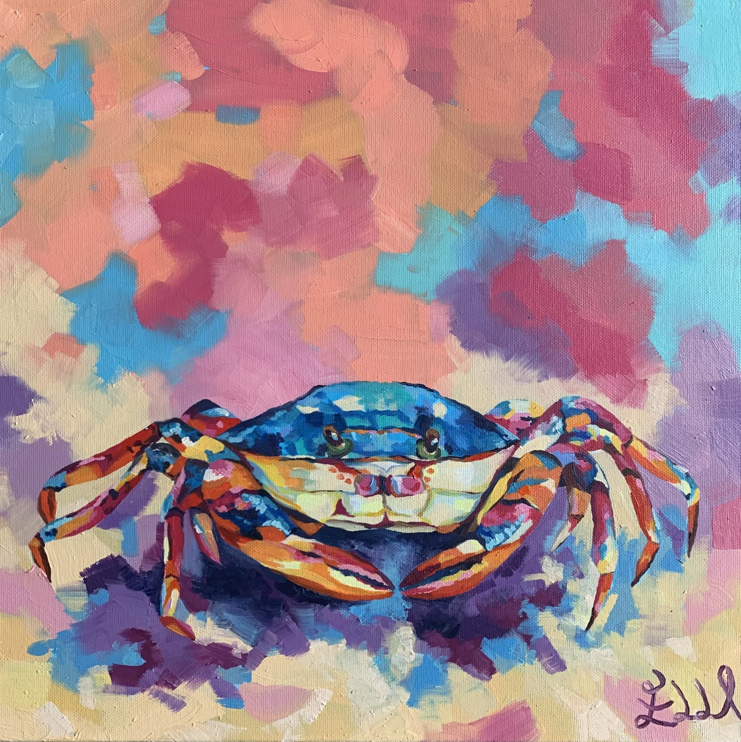 Vibrant abstract painting of a colorful crab surrounded by multicolored brushstrokes