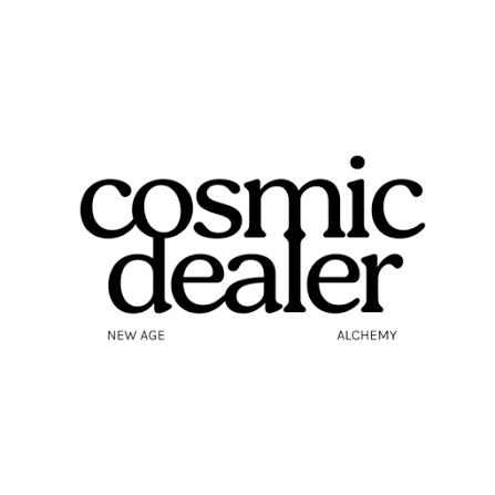 Logo avec les mots "cosmic dealer" et les sous-titres "NEW AGE" et "ALCHEMY" en noir sur fond blanc.