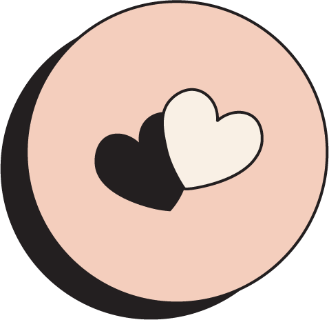 A graphic illustration of two overlapping hearts, one black and one white, on a circular beige background.