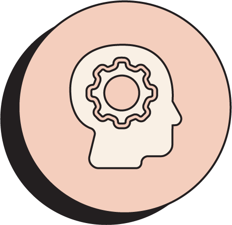 A graphic illustration of a human head with a gear inside, symbolizing thinking or mental processes.