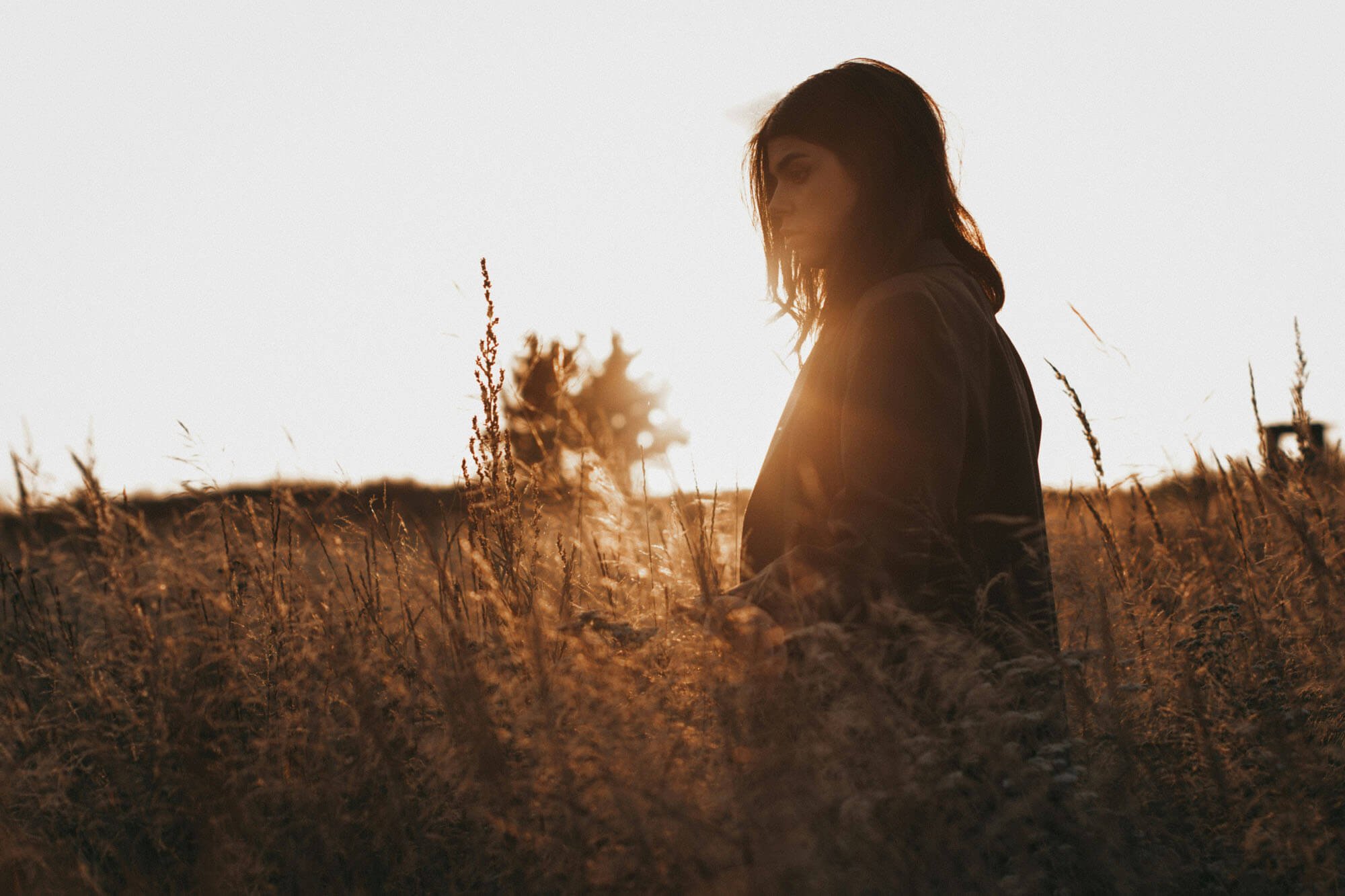 Person standing in field illuminated by setting sun