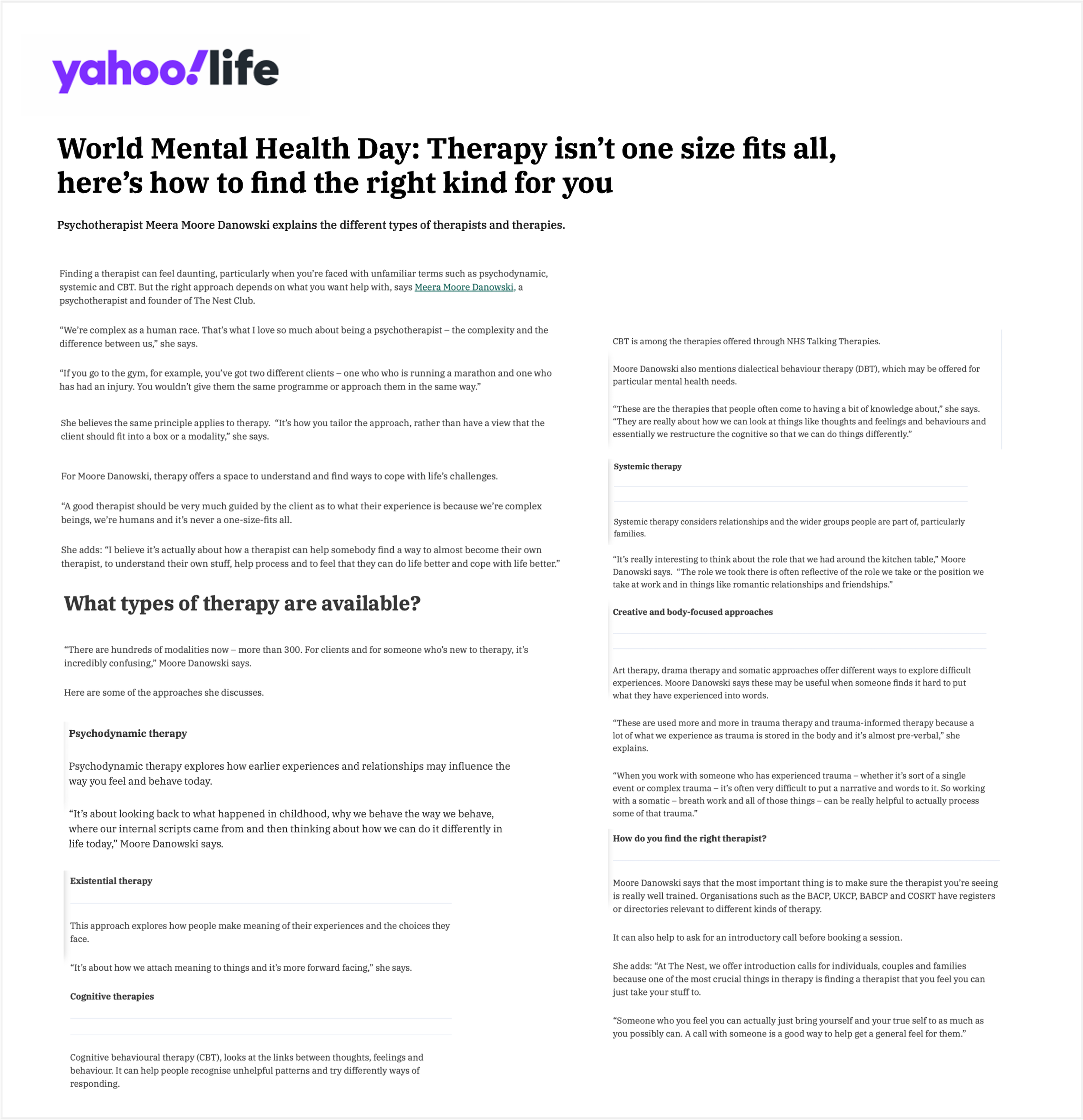 Meera Moore Danowski Psychotherapist Interview Yahoo! Life