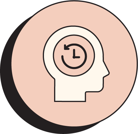 Simple illustration of a human head with a clock inside the brain area, symbolizing time or mental focus.