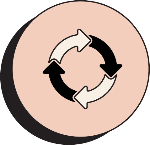A circular icon with three arrows forming a continuous loop, indicating recycling or cycle.