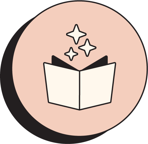 Illustration of an open book with sparkles above it, set against a light pink circular background.