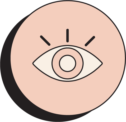 Stylized eye with radiating lines on a beige circular background.