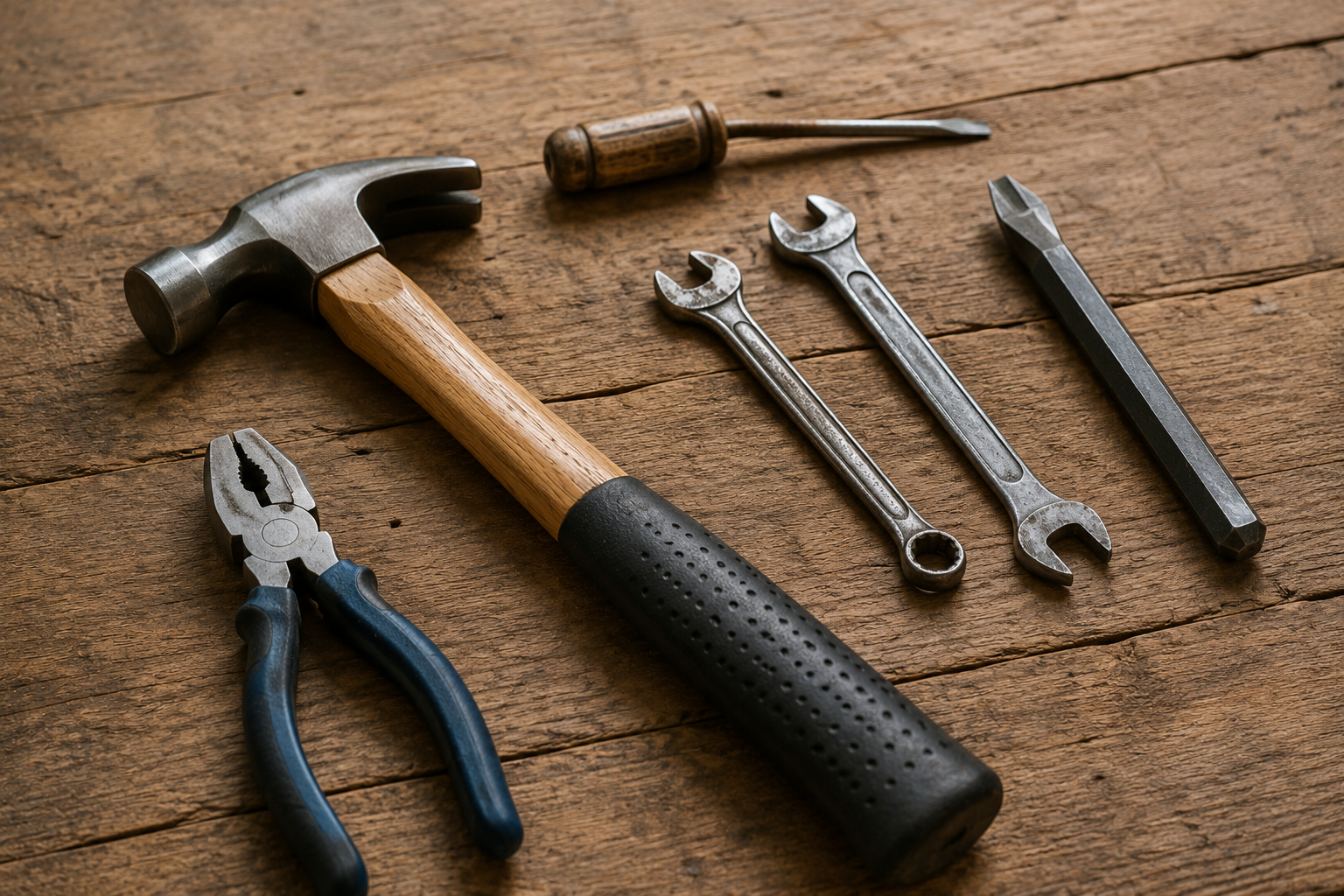 Set of hand tools including a hammer, pliers, screwdrivers, and wrenches on a wooden surface.