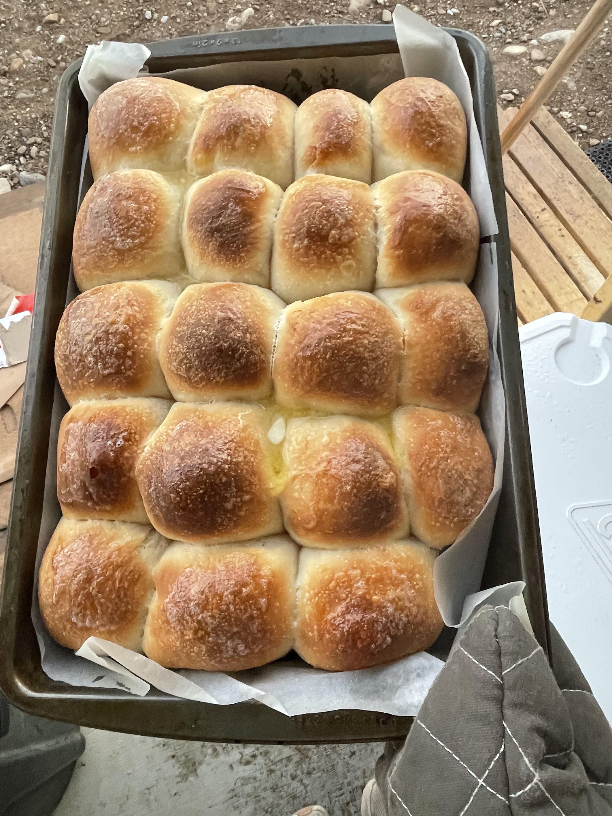 Golden pan of fresh dinner rolls baked for a ski trip lodge dinner in Revelstoke.