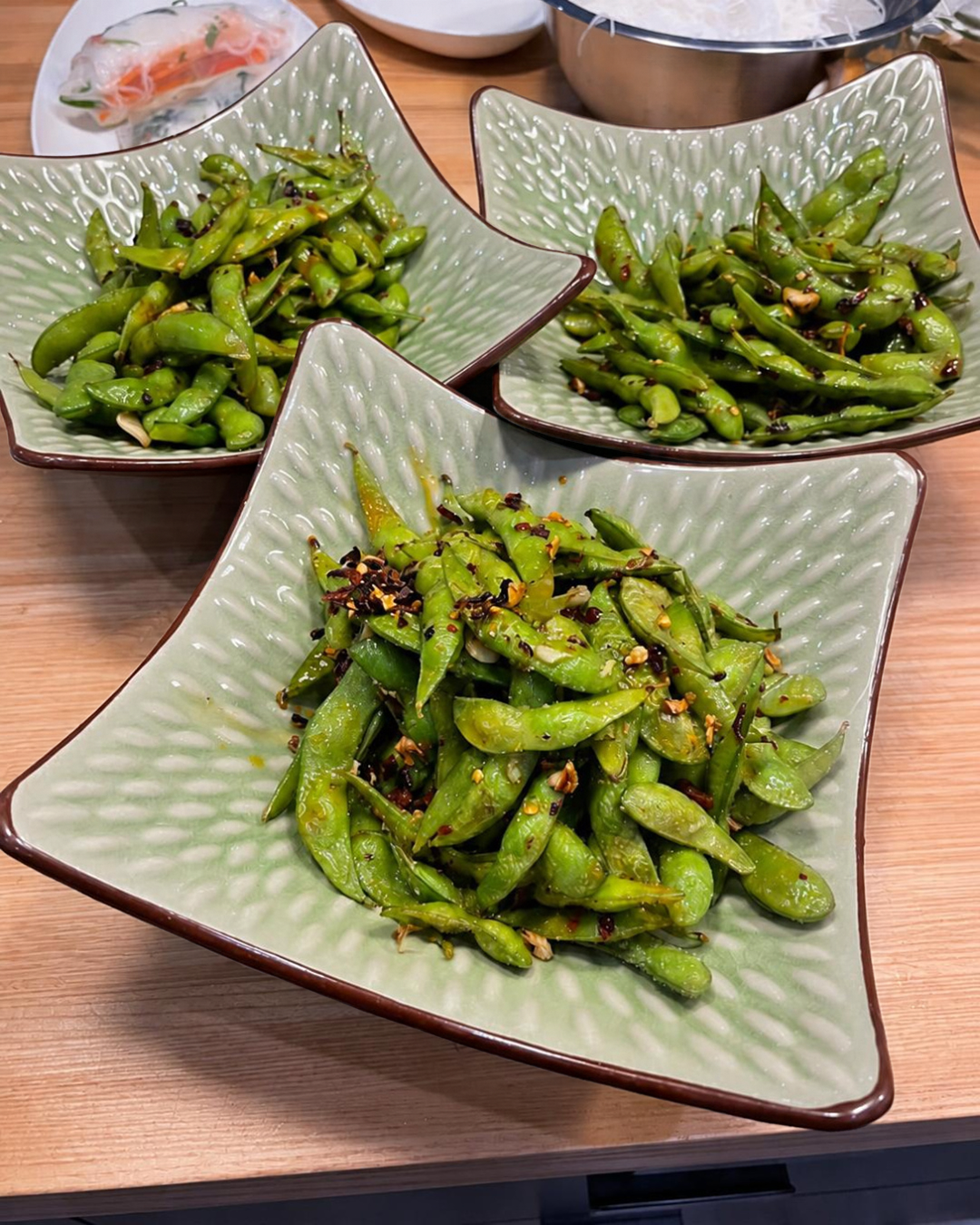 Crispy seasoned edamame, a shareable appetizer from a Revelstoke private chef.