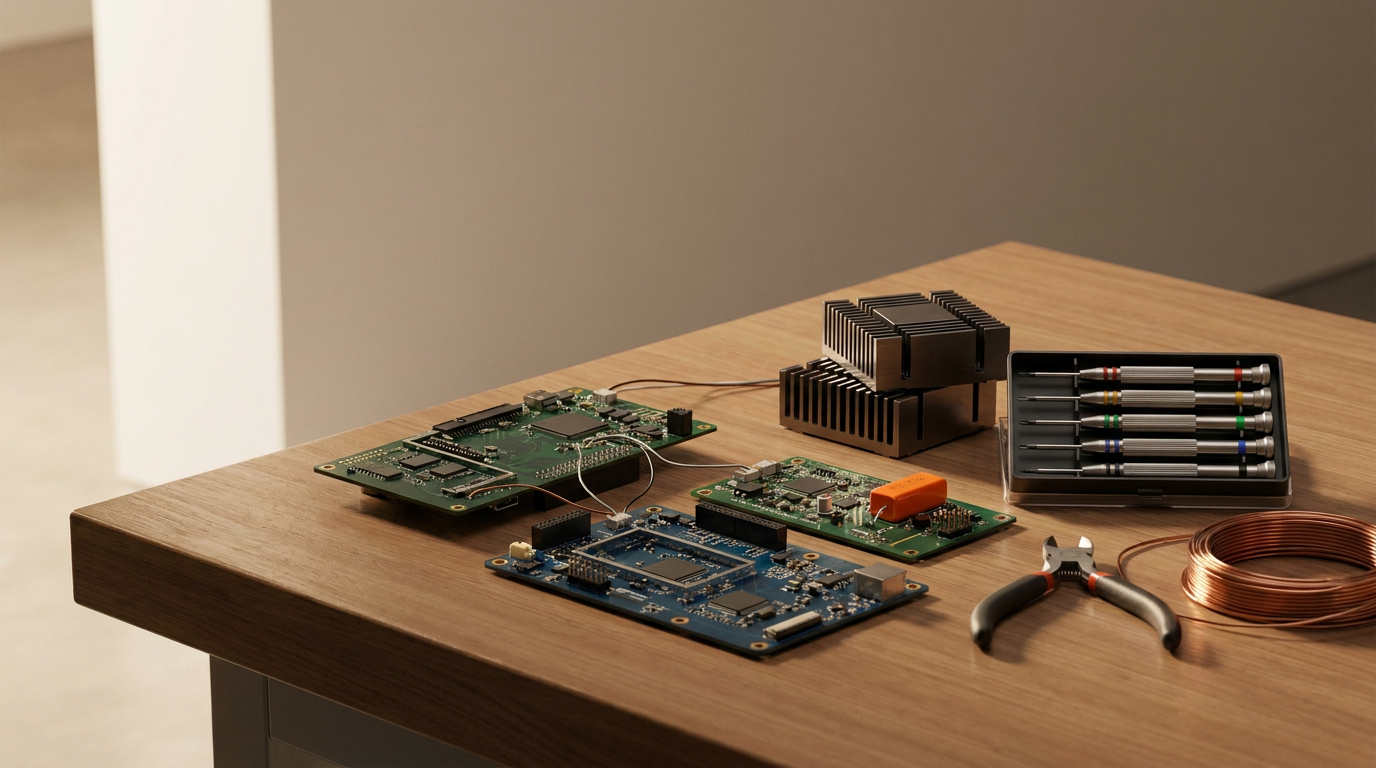Electronic circuit boards, tools, and parts on a wooden table.