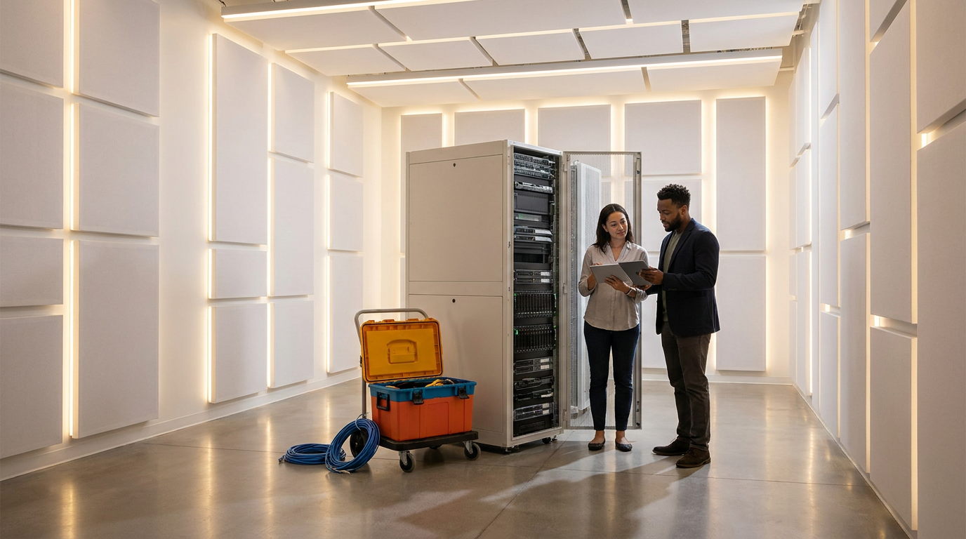 Two professionals in a data center or server room review information on a tablet and a notebook, with a server rack, network cables, and a tool box nearby.