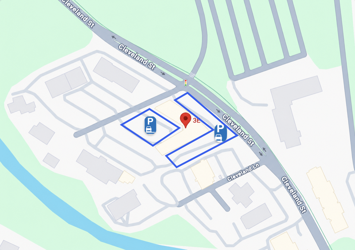 Map showing parking lot areas along Cleveland Street with designated accessible parking spaces marked with a blue P and wheelchair symbol, and a red location marker.
