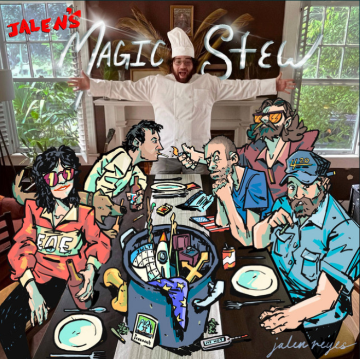 Illustration of a man dressed as a chef with arms outstretched, surrounded by cartoon-style characters sitting at a table with a magic stew pot in the center. The scene is inside a room with large windows and greenery outside. Text reads 'Talen's Magic Stew.'