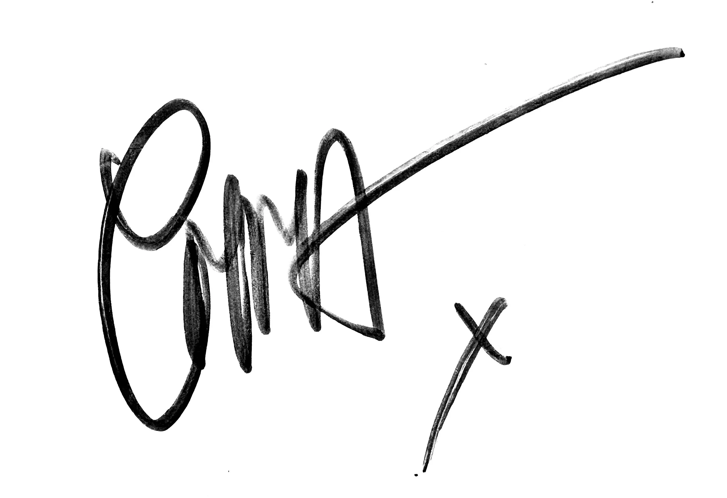 Close-up of black handwritten text and a heart shape on white paper, with a diagonal line crossing through part of the writing.