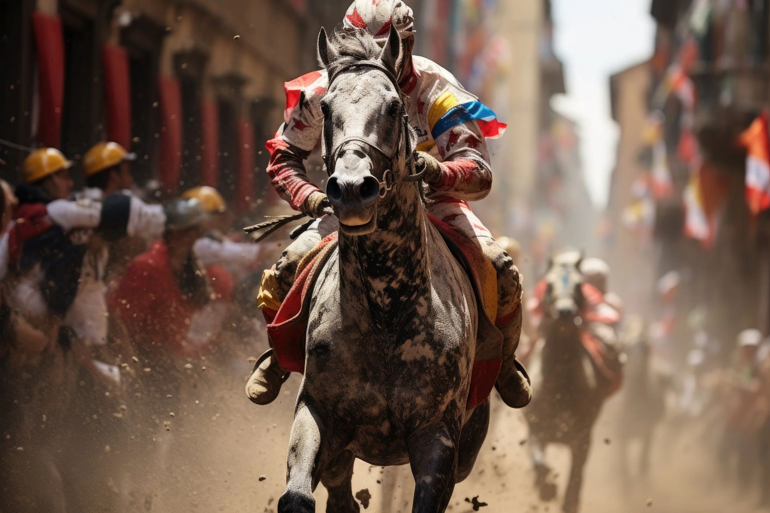 A jockey riding a horse during the Palio de Siena horse race in Italy, with spectators in yellow hats in the background and blurred surroundings.