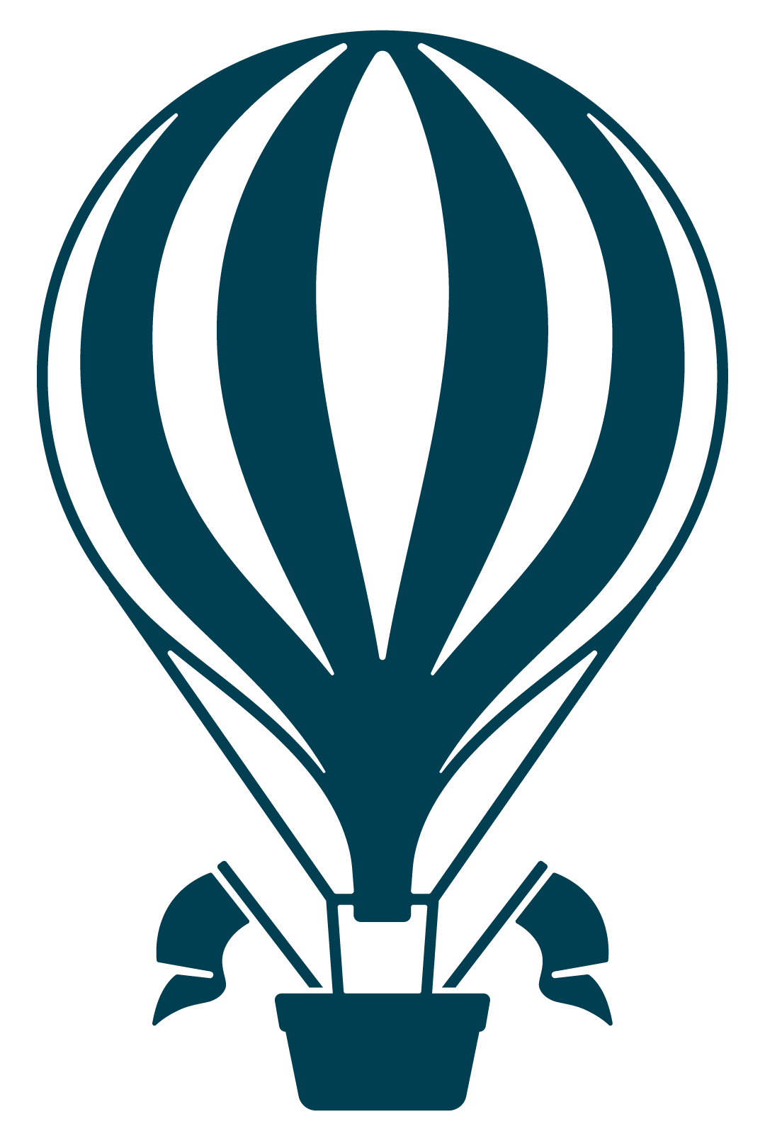 Stylized illustration of a hot air balloon with vertical striped patterns in dark teal.