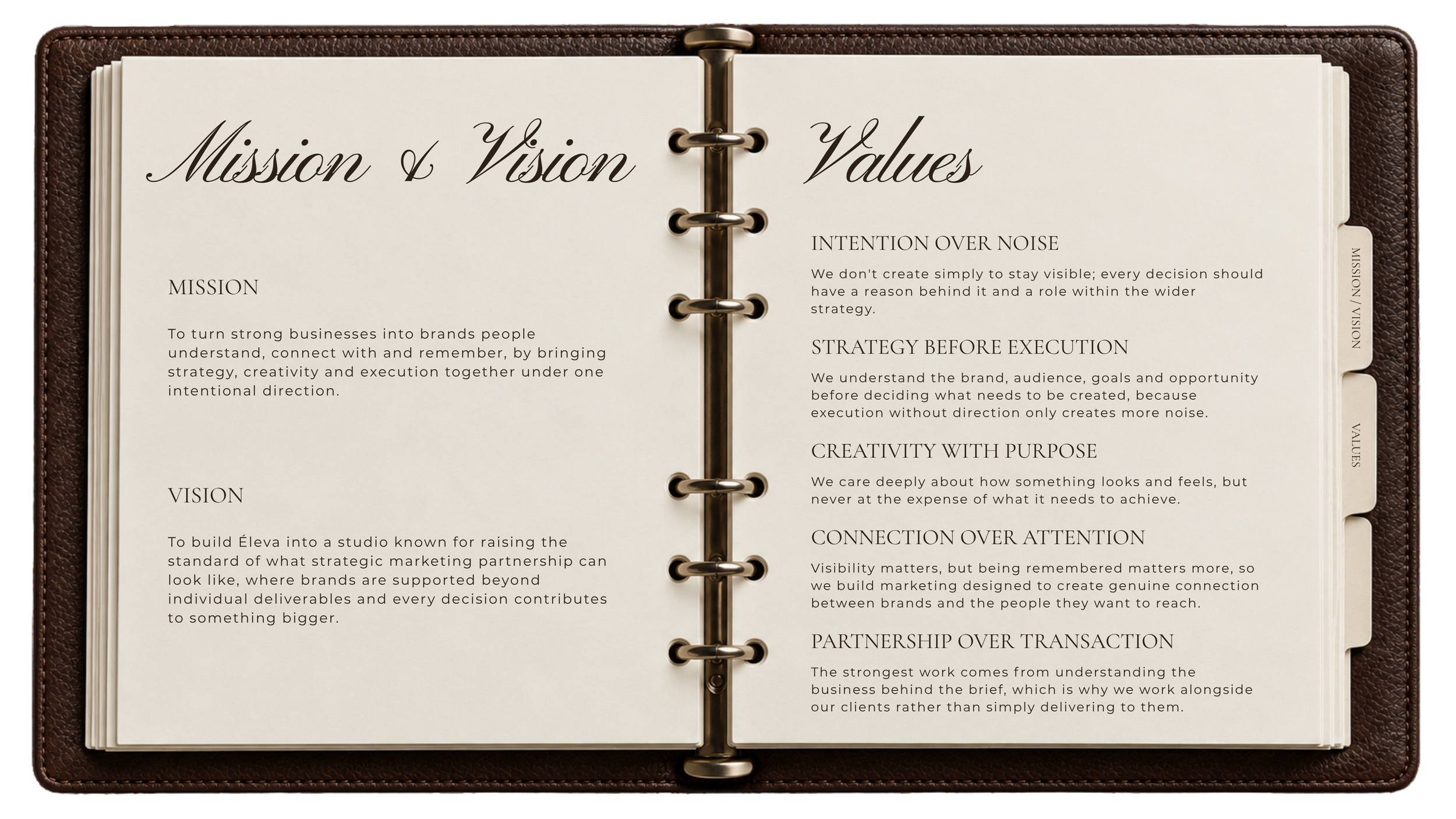 Éleva Studio mission, vision and values presented in an editorial open-binder design.