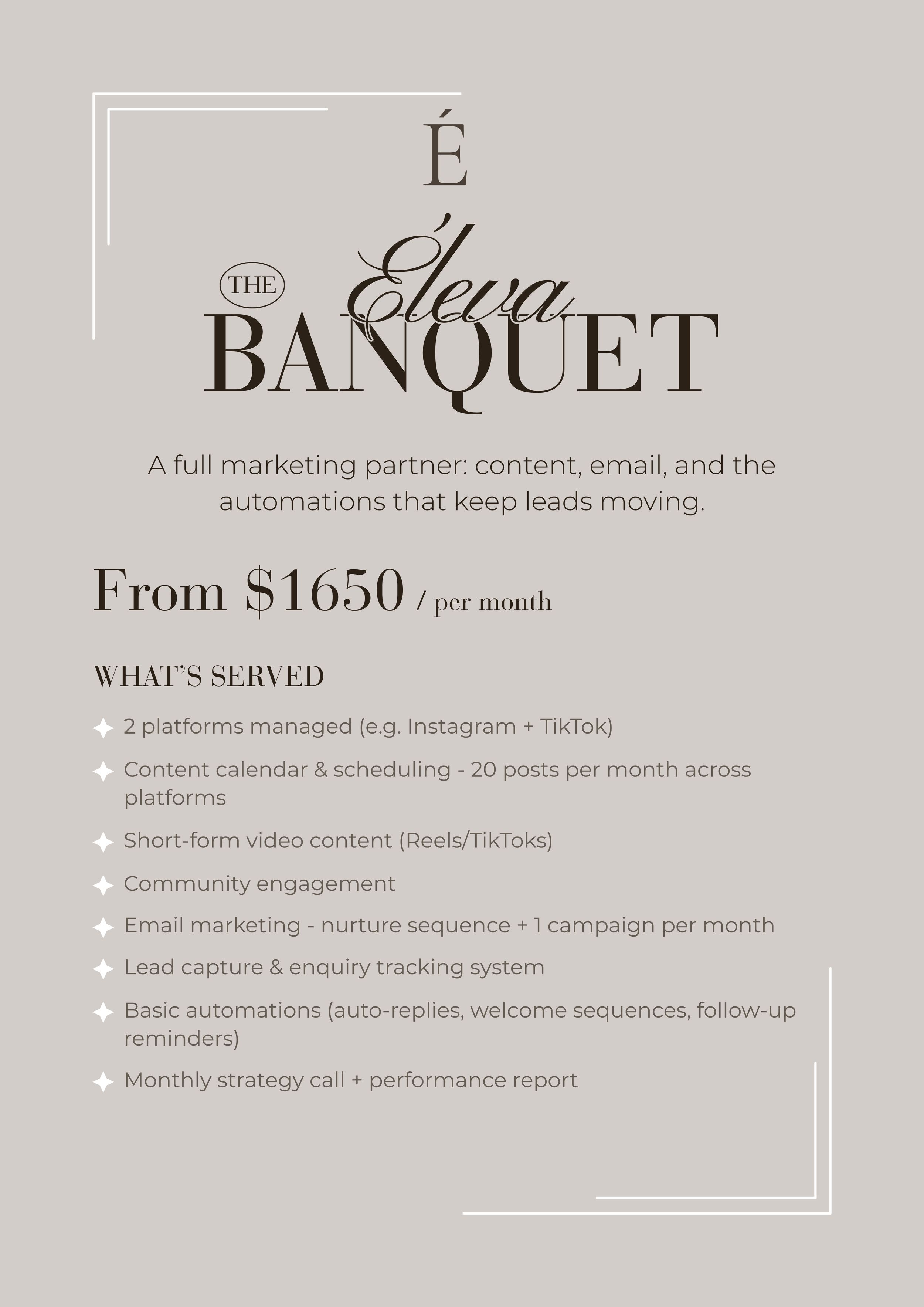 Éleva Banquet — Éleva Studio strategic marketing partnership package.