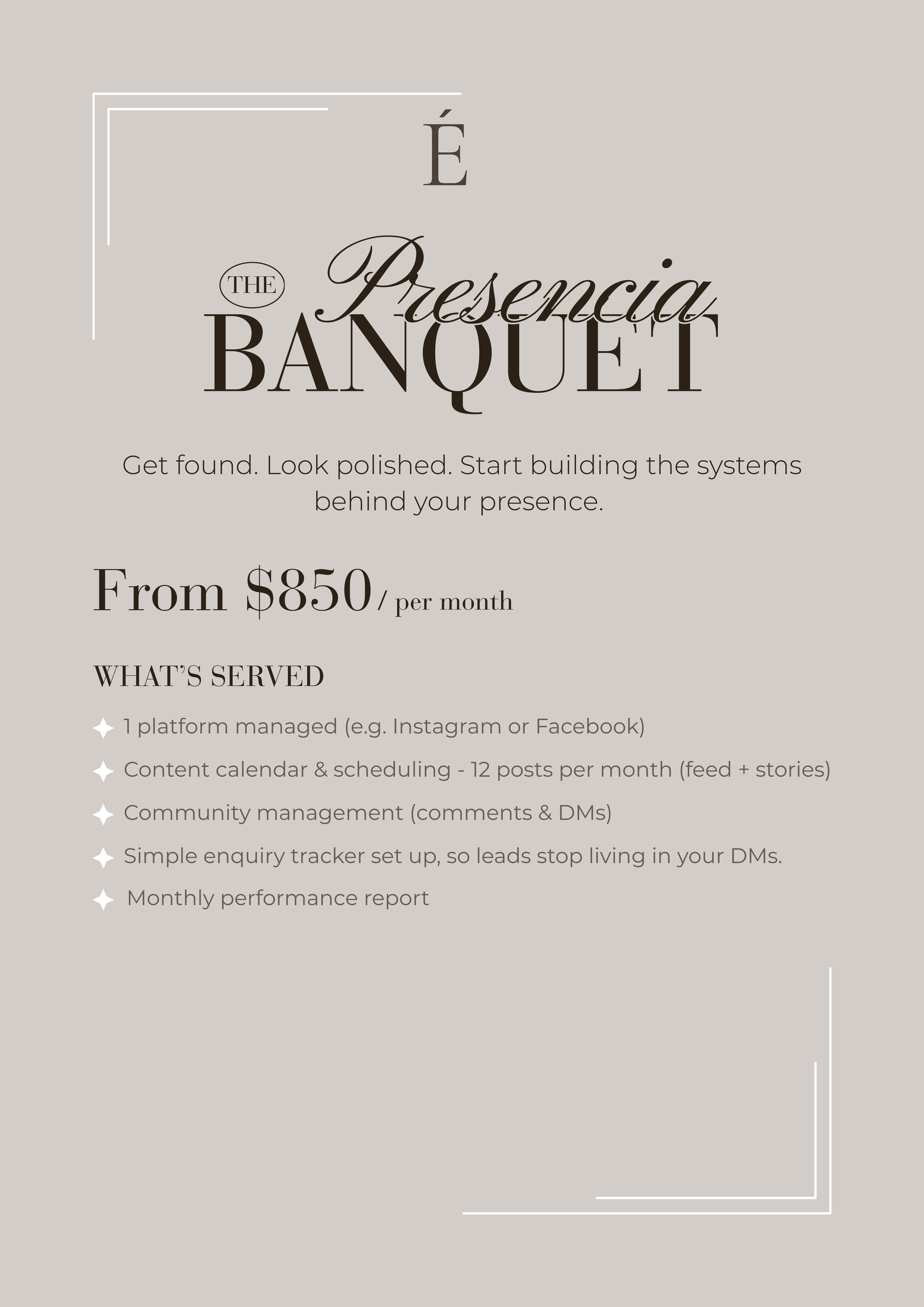 Presencia Banquet — Éleva Studio foundational marketing package.
