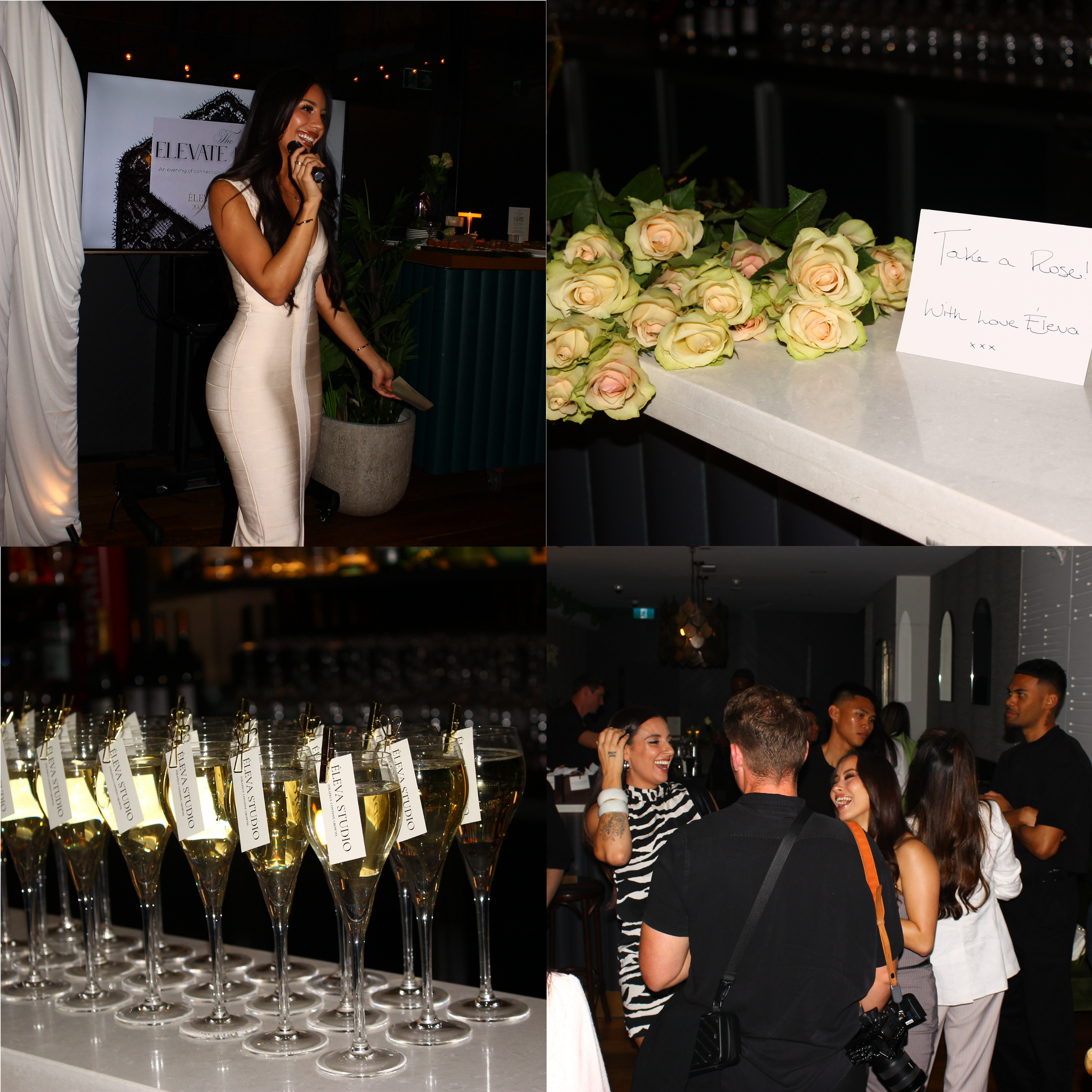 Éleva Studio launch event in Brisbane featuring founder Tasha Perez speaking, branded details and guests networking.