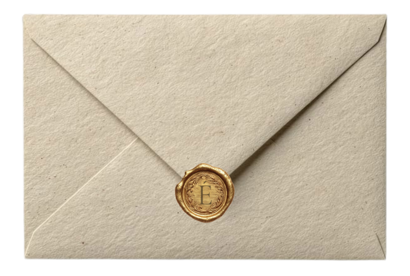 Cream-colored envelope sealed with a gold wax seal featuring the letter 'E'.