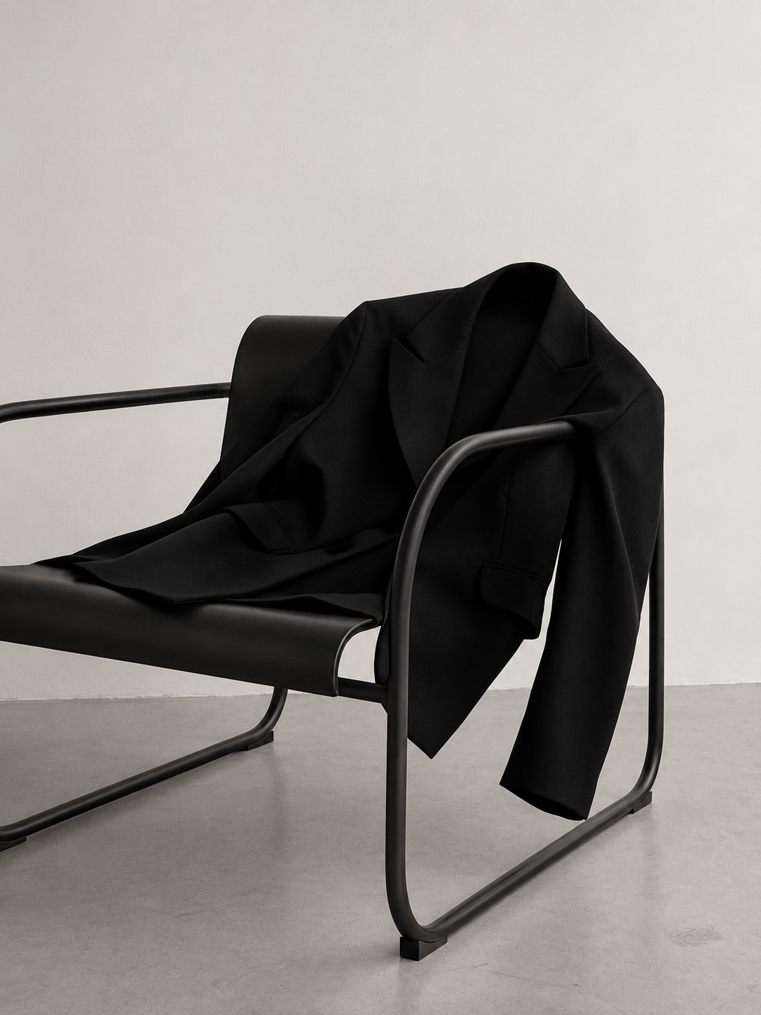 A black blazer draped over a modern black metal chair against a white wall.