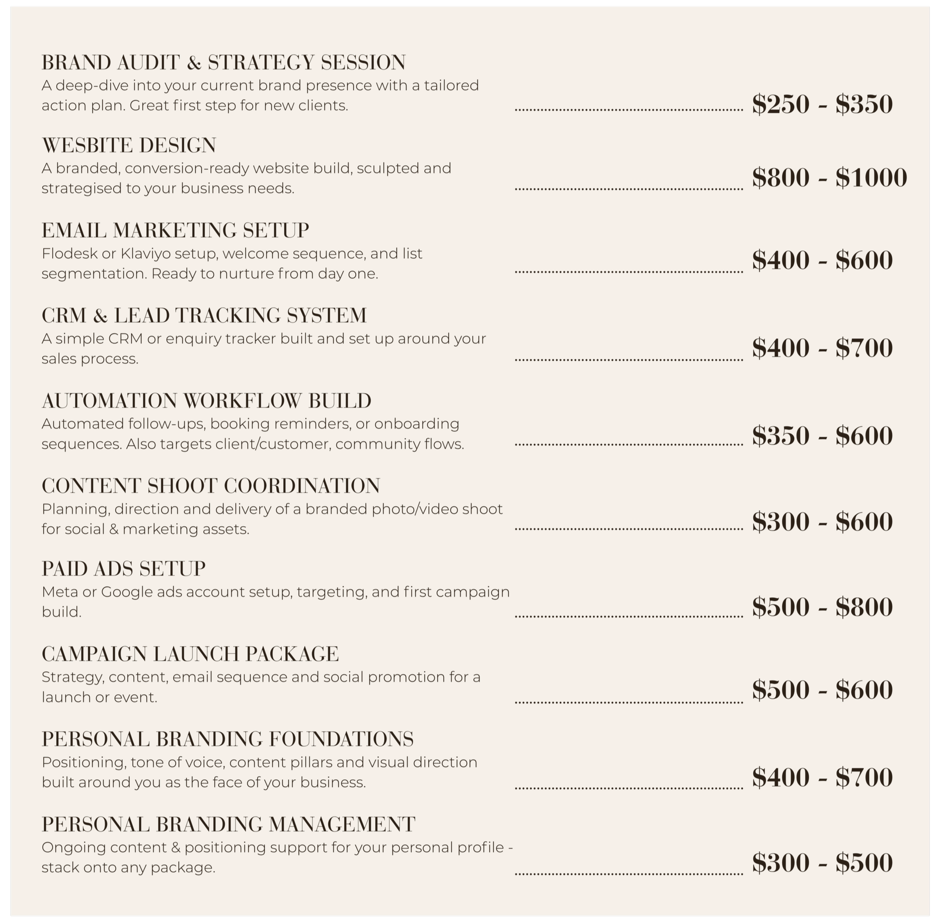 Éleva Studio À La Carte marketing services and pricing menu.