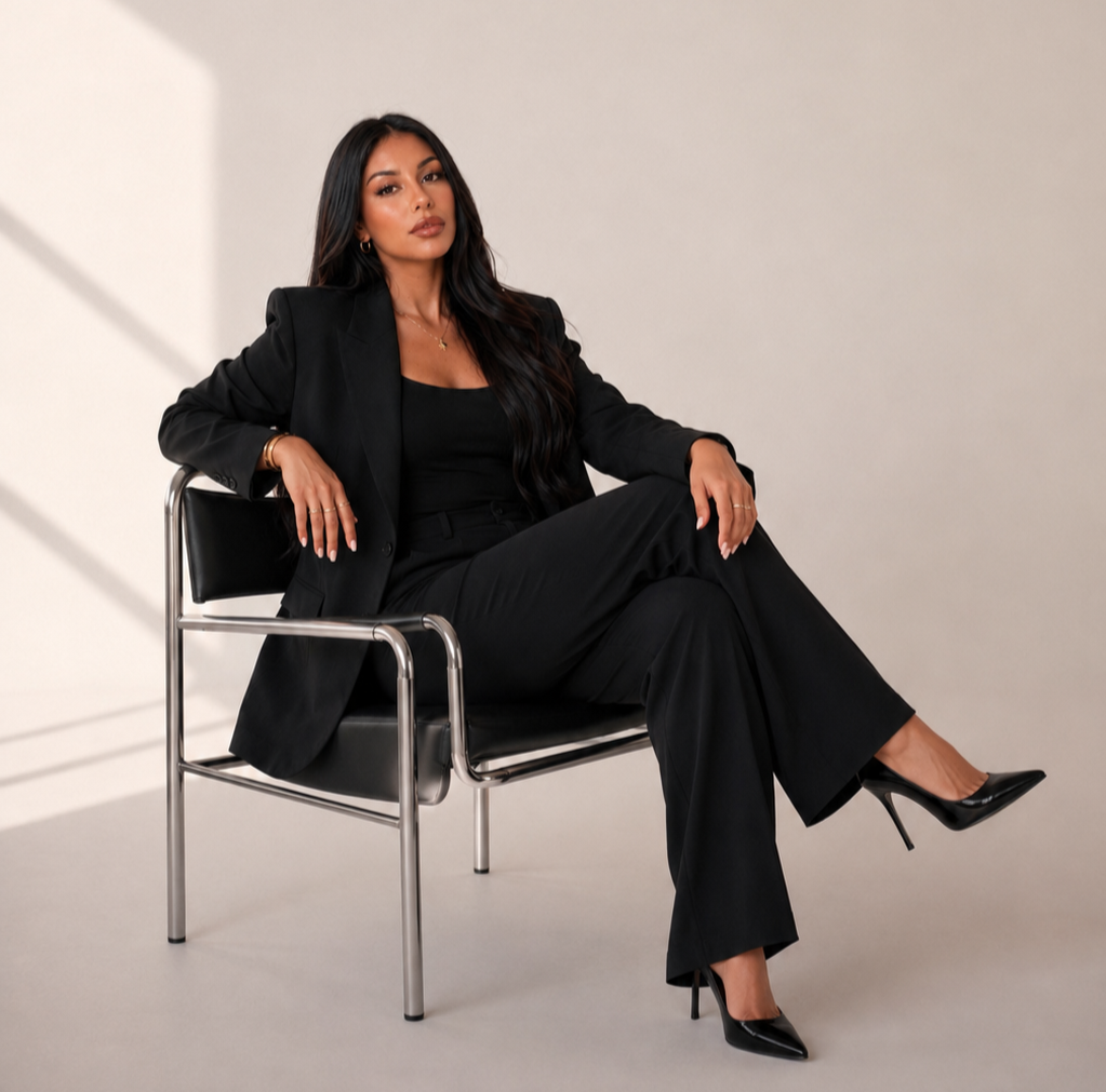 Éleva Studio founder Tasha Perez seated in a black suit against a neutral backdrop.