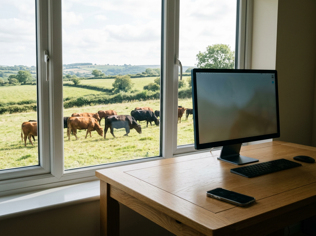 A home office with a wooden desk and a black computer monitor, computer mouse, keyboard, and smartphone. Outside the window, a green landscape with cows grazing in a pasture and rolling hills in the background.