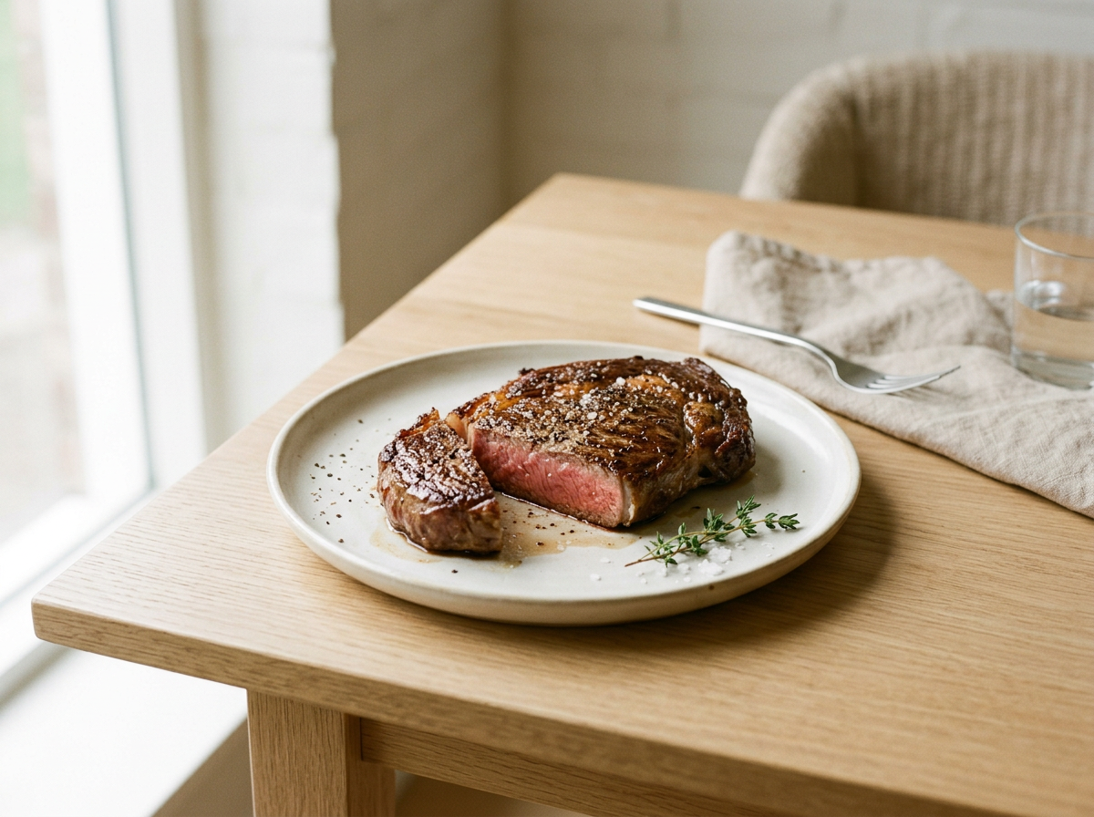 A plate with a cooked steak, sliced open to show a pink center, garnished with herbs and salt.