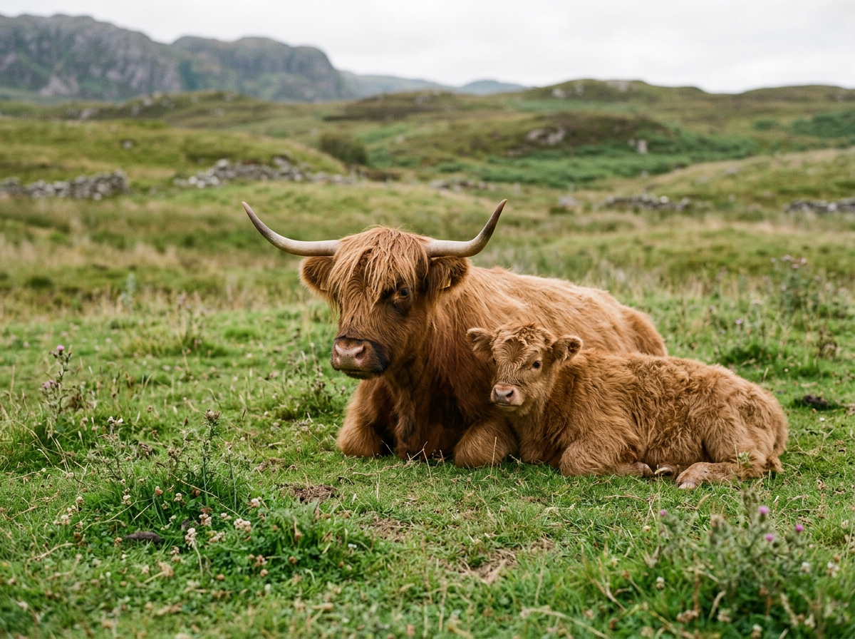 A Highland cow and a calf resting on a grassy field with rolling hills in the background.