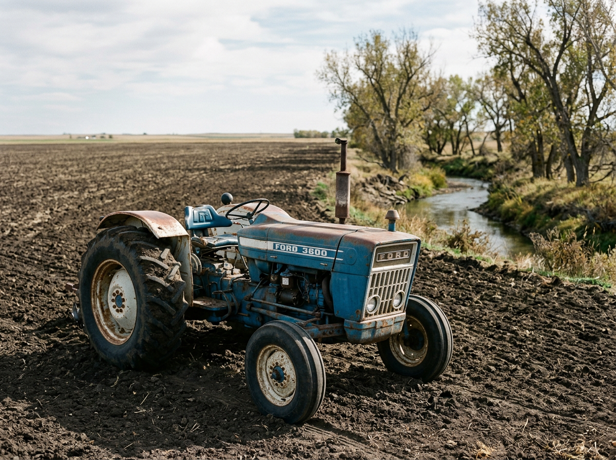 An old blue Ford 3600 tractor parked on tilled farmland near a small stream with trees in the background.