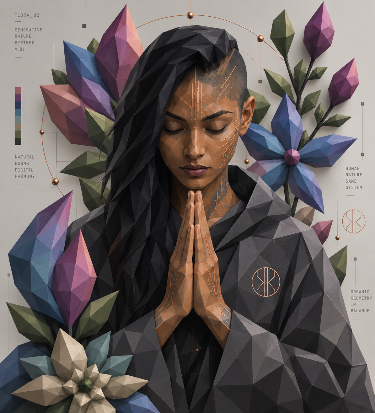Black woman Silicon Monk in prayer, surrounded by faceted botanical forms and restrained copper circuitry.