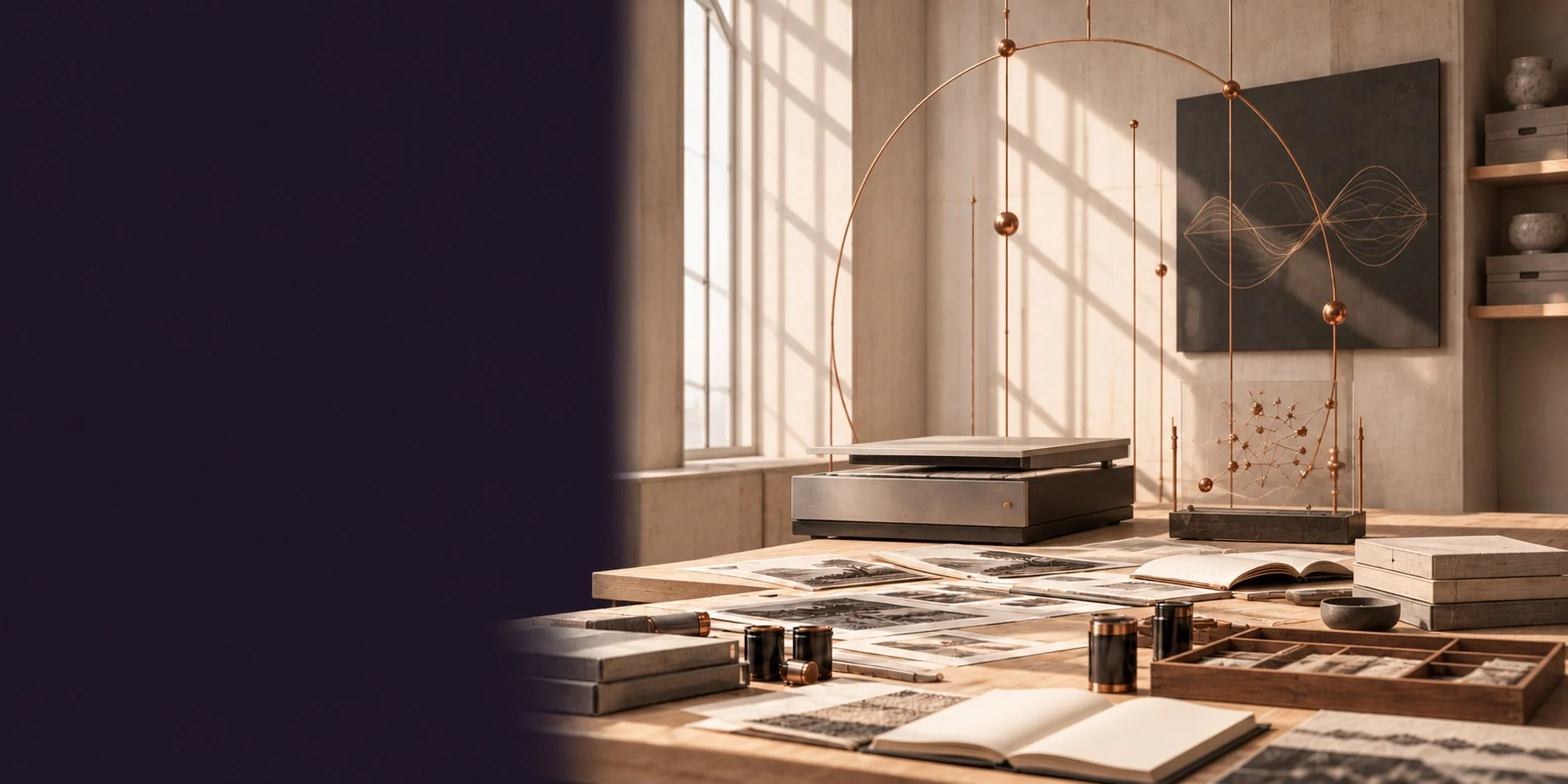 Minimal archival technology workspace with a scanner, waveform display, journals, and film materials.