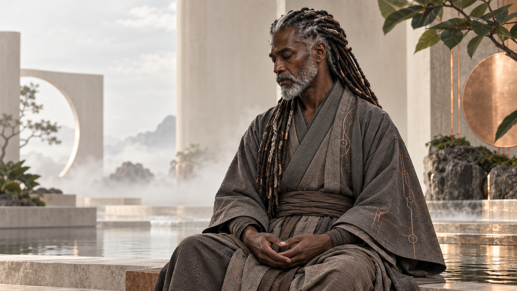 Elder Black Silicon Monk meditating beside a reflecting pool in a quiet near-future sanctuary with subtle copper circuitry and organic forms.