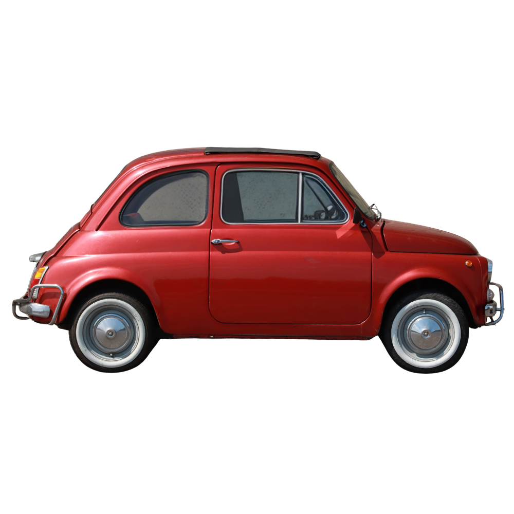 Red vintage compact car, likely a Fiat 500, isolated on a transparent background.