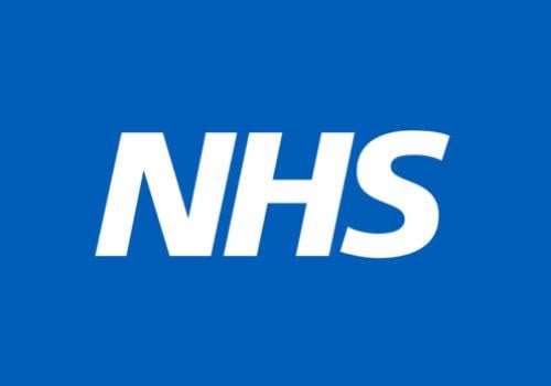 NHS logo with white letters on a blue background