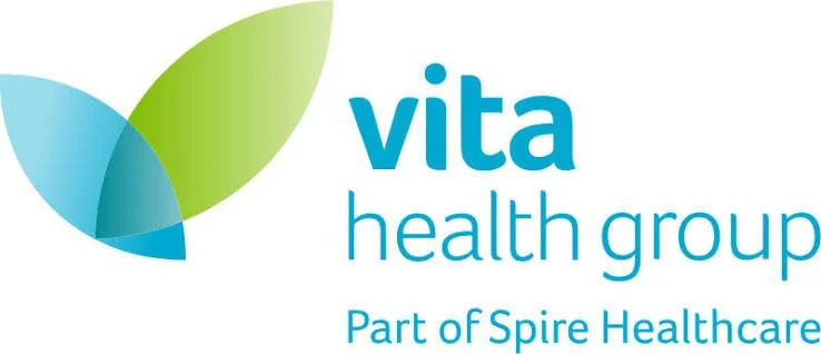 Logo for Vita Health Group, part of Spire Healthcare, featuring a stylized leaf design in blue and green colors.