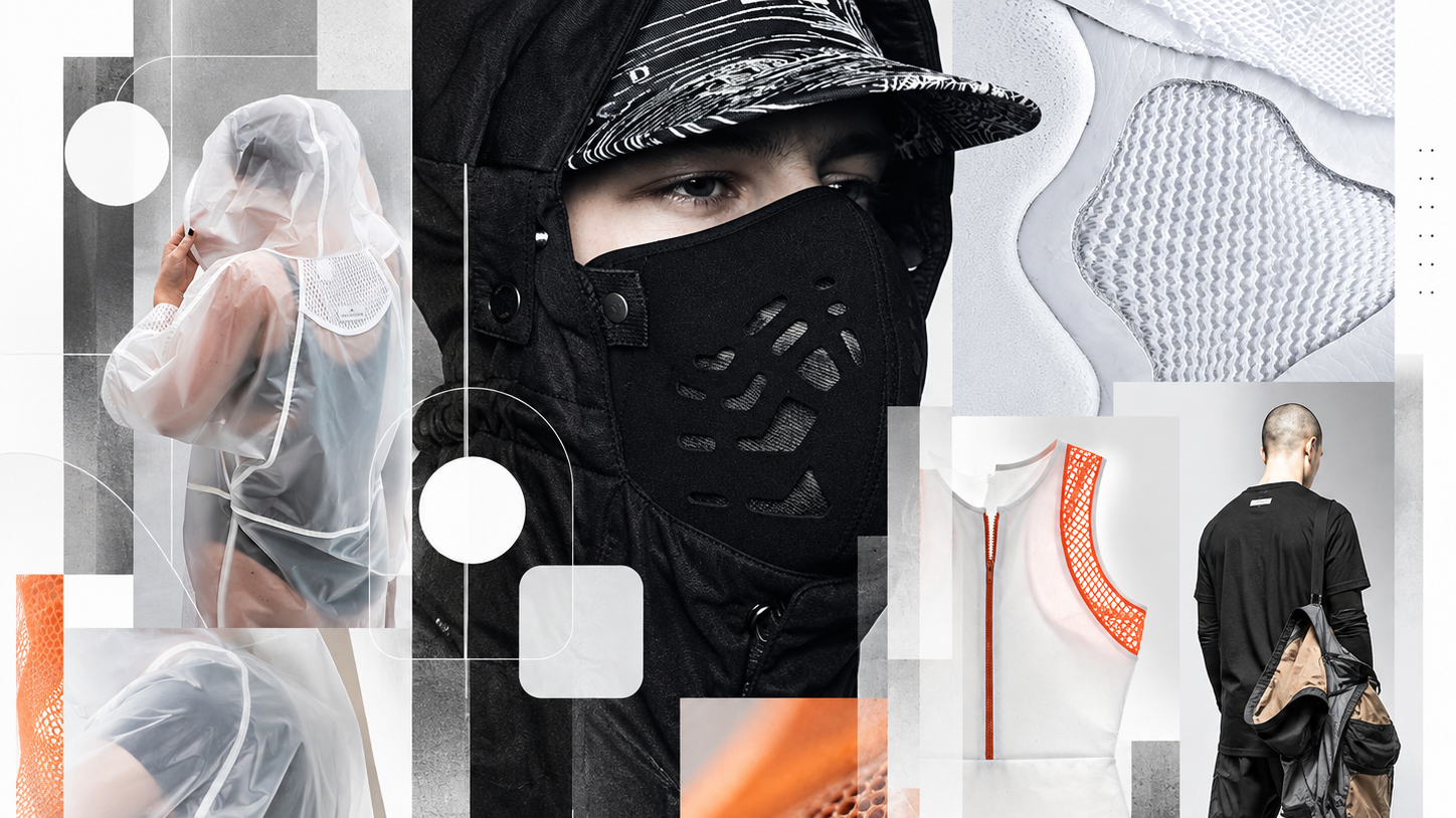 Collage of athletic and sportswear, including a man wearing a black face mask and hoodie, a woman in a transparent raincoat, close-up of an athletic shoe insole, and a person with a backpack, with abstract geometric and textured background elements.