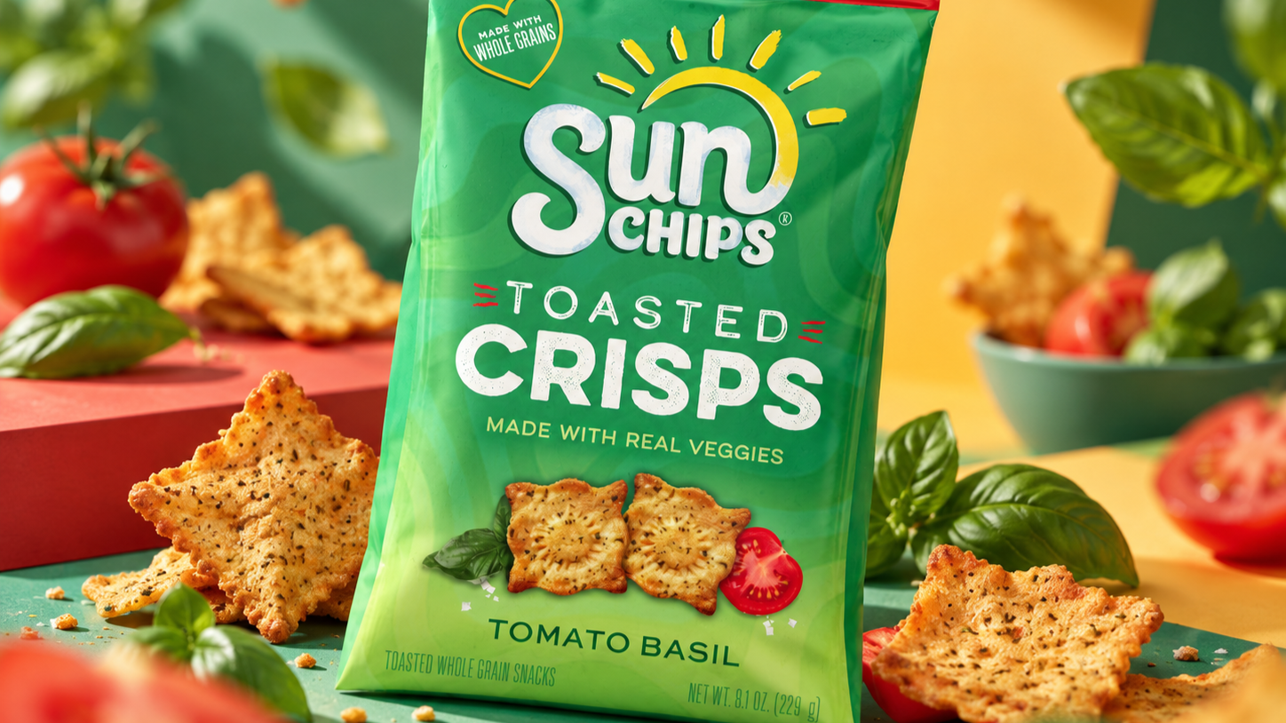 A bag of Sun Chips Toasted Crisps in Tomato Basil flavor surrounded by fresh tomatoes, basil leaves, and crispy crisps on colorful background.