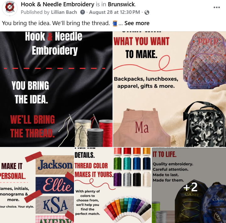 Collage of images advertising hook and needle embroidery services, showcasing embroidery threads, a backpack, gift items, and fabric samples.