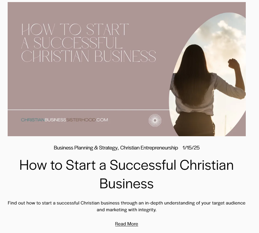 Cover slide of a presentation titled "How to Start a Successful Christian Business" with a woman raising her fist in the air against a sunset background.