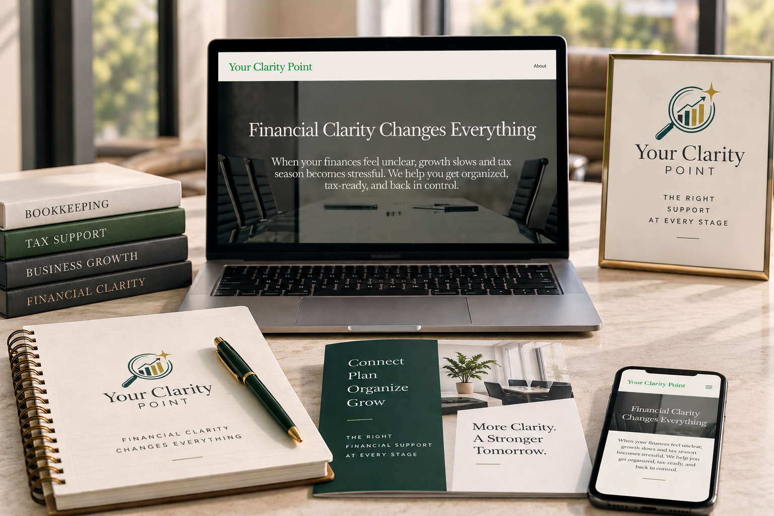 A workspace with a laptop, printed materials, books, and a smartphone, all related to financial clarity and support.