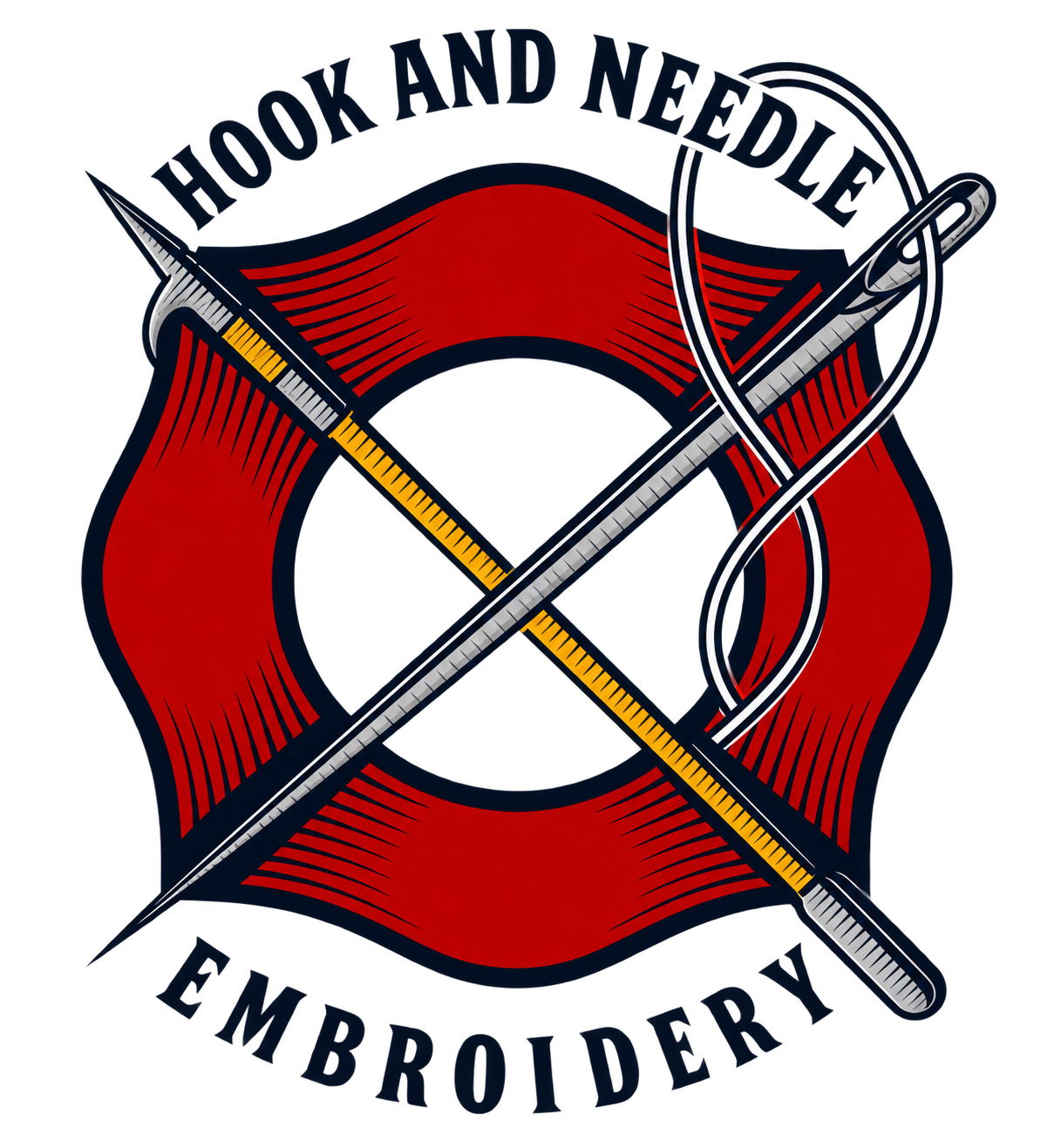 Embroiderers logo featuring a red circle surrounded by embroidery tools such as a needle and a seam ripper, with the text 'Hook and Needle Embroidery'.