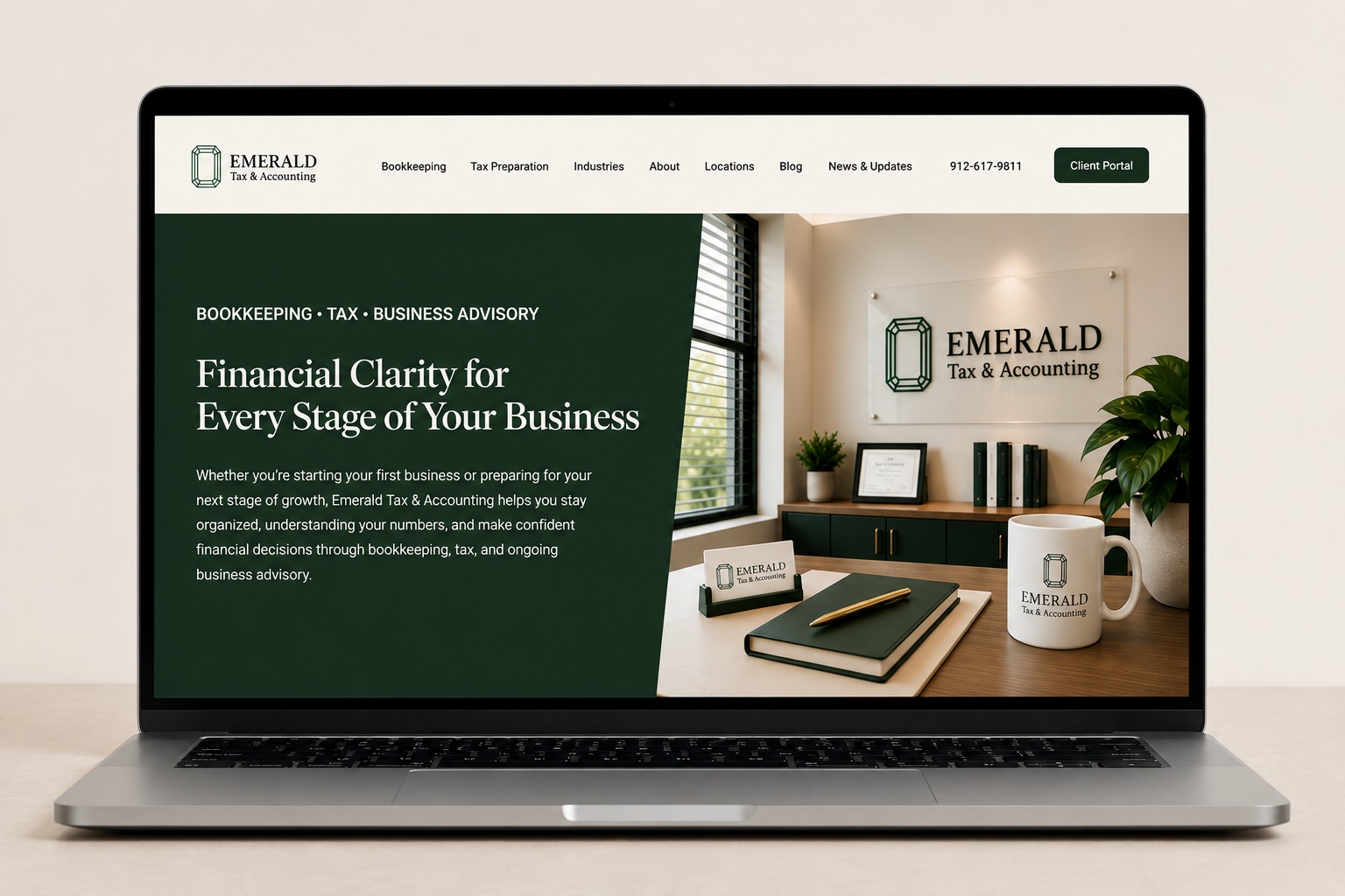 Screenshot of Emerald Tax & Accounting website on a laptop, featuring office decor and promotional text for business financial services.