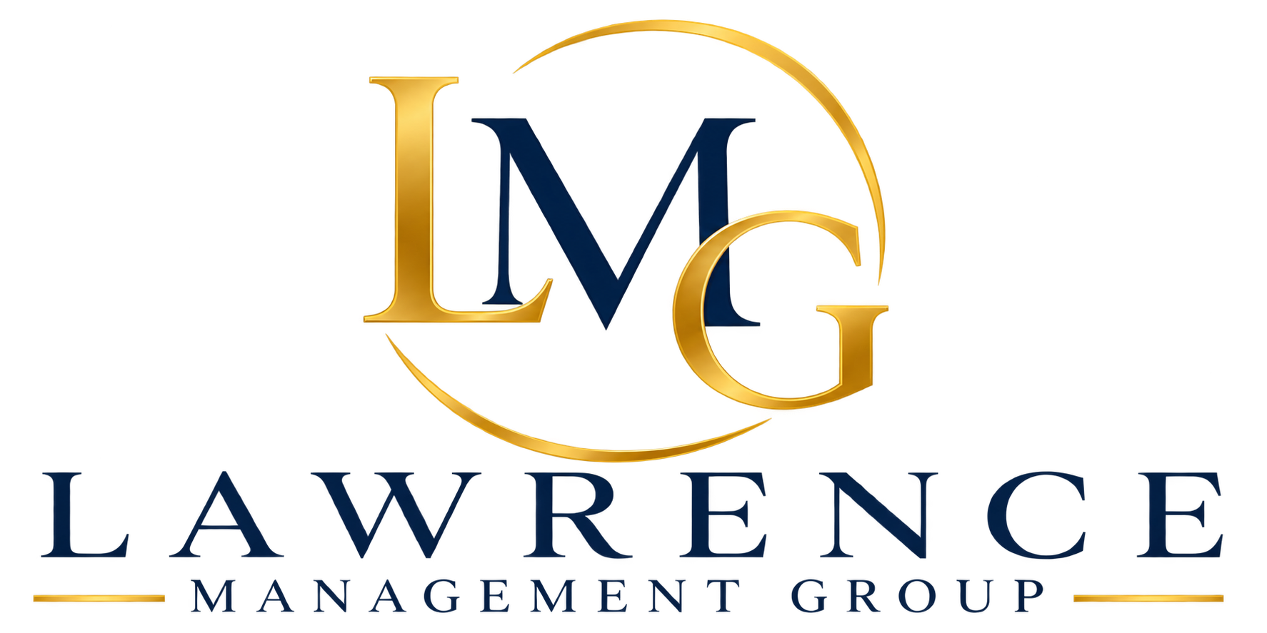 Logo for LM Lawrence Management Group, featuring large gold and blue letters 'LMG' inside a gold crescent, with the words 'LAWRENCE MANAGEMENT GROUP' below in blue text.