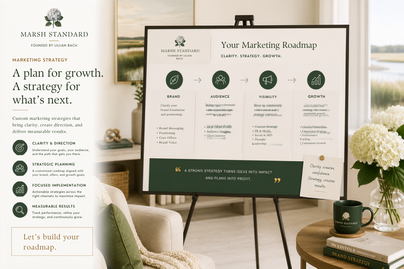 A marketing development presentation display and a window with a scenic view of a river and landscape with white flowers, a green mug, and a stack of books on a wooden table in a cozy room.