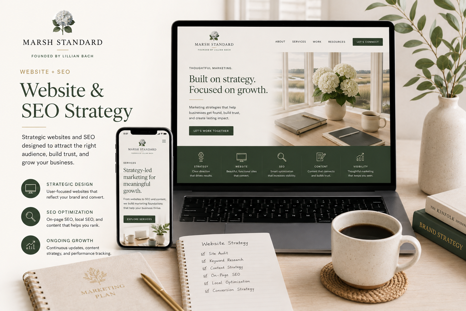 A workspace featuring a desk with a cup of coffee, a notebook, a smartphone, and a laptop displaying a website for Marsh Standard, a marketing and SEO company. Also includes a stack of books, a potted plant, and a notepad with handwritten notes.